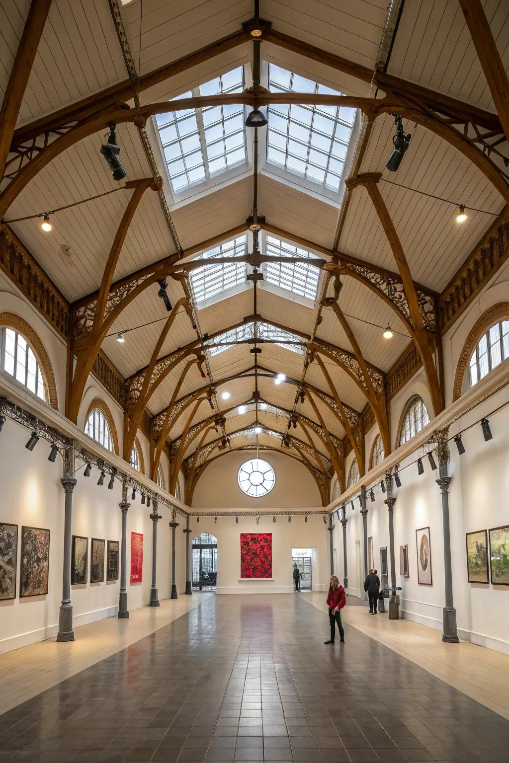 Brave claim created using large dimension beams against a vaulted ceiling.