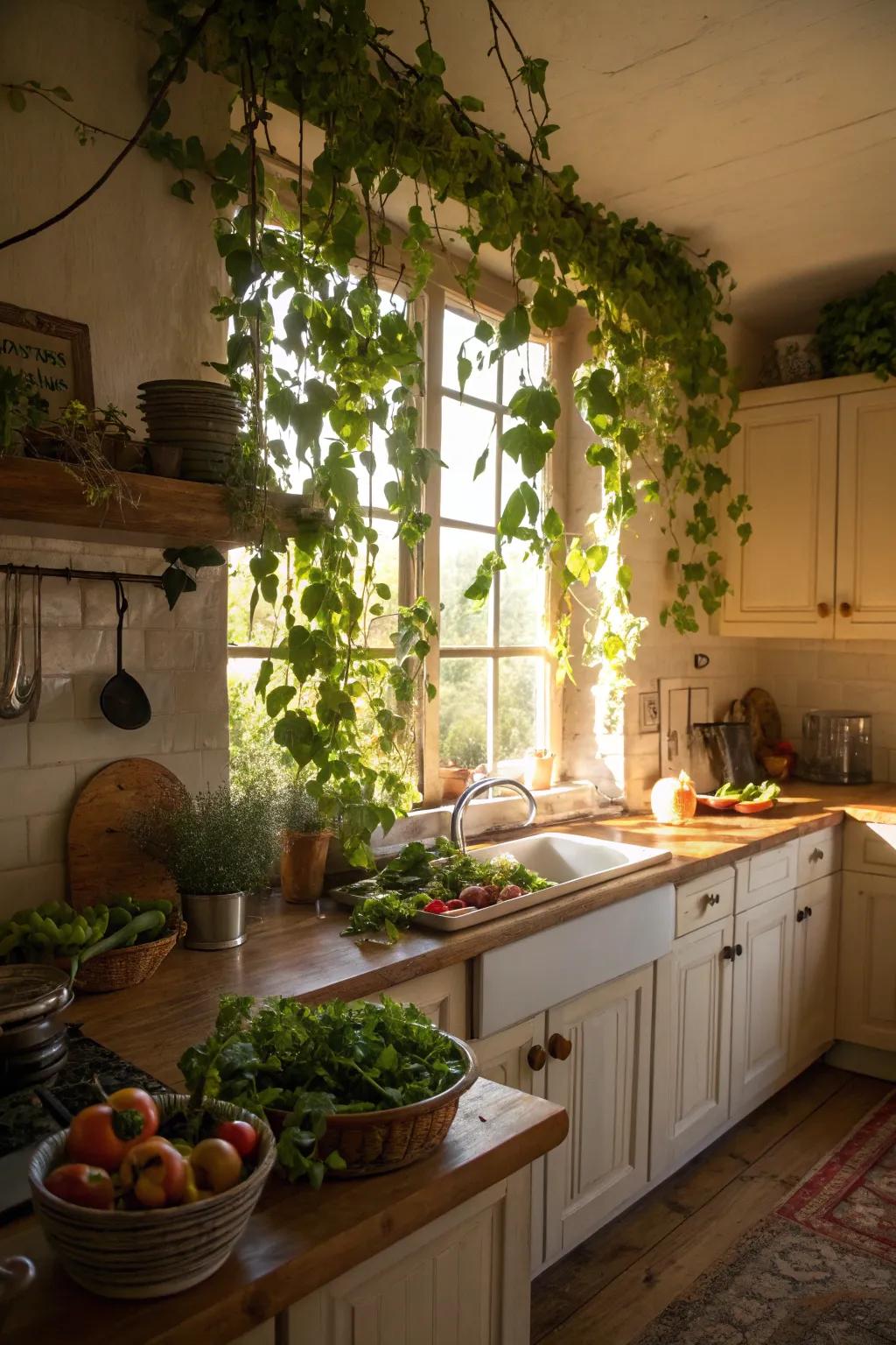 Introduce freshness to your culinary space with suspended vines.