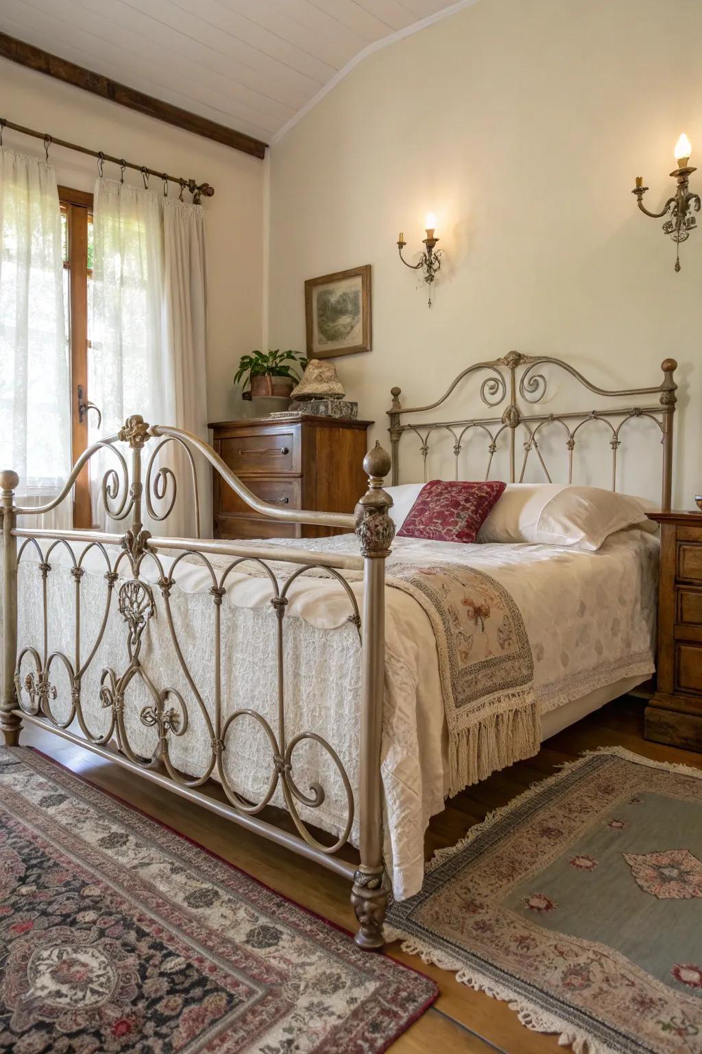 A metal bed frame of vintage extraction, fostering an enchanting ambiance within a bedroom.