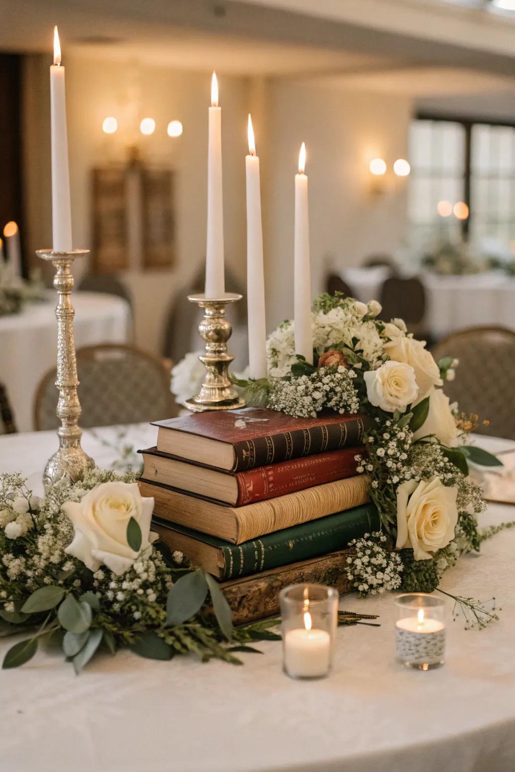 A scholarly-themed centerpiece featuring esteemed literature and candles.