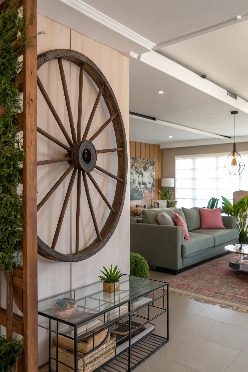 A carriage wheel creatively serving as a chamber partition, introducing intrigue to the area.