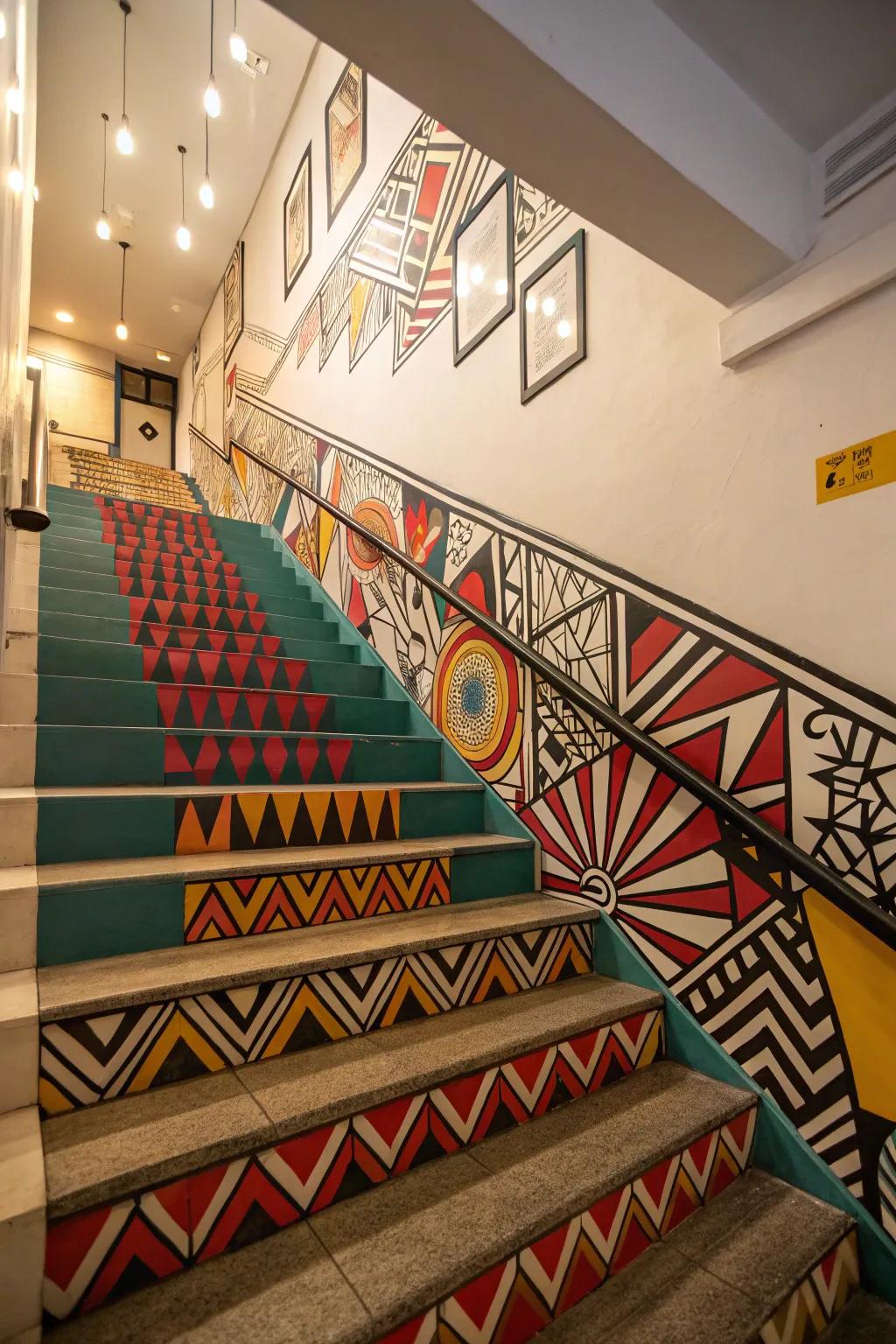 Geometric motifs possess the capacity to infuse a contemporary nuance into your staircase wall.
