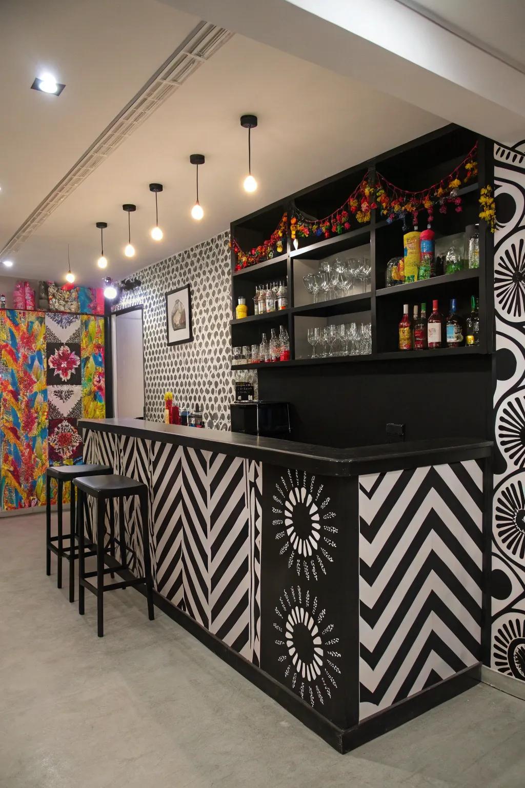 Ebony and ivory themes proffer a sophisticated and ageless aesthetic for your wall bar.