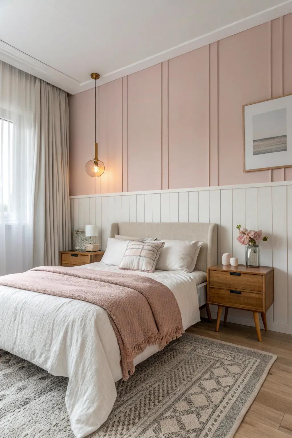 Walls in two tones contribute refinement to a bedroom.