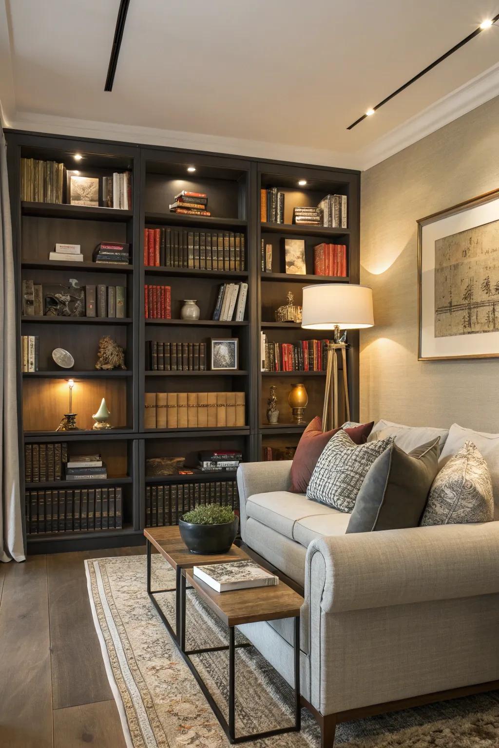 Bookcases incorporate hues and character into a living room through organized exhibits.