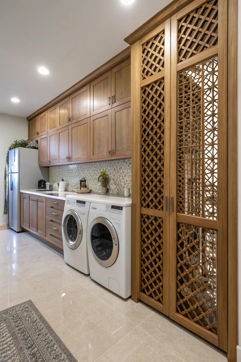 Latticework panels cleverly obscure the washer and dryer within the culinary space.