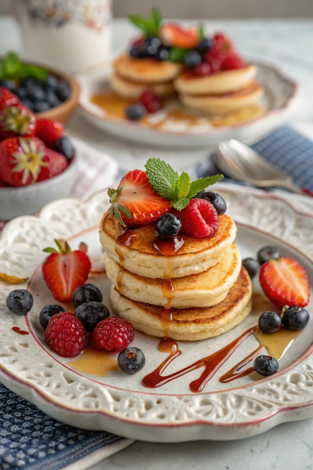 A tantalizing platter presenting miniaturized pancakes garnished with fresh seasonal berries and syrups.