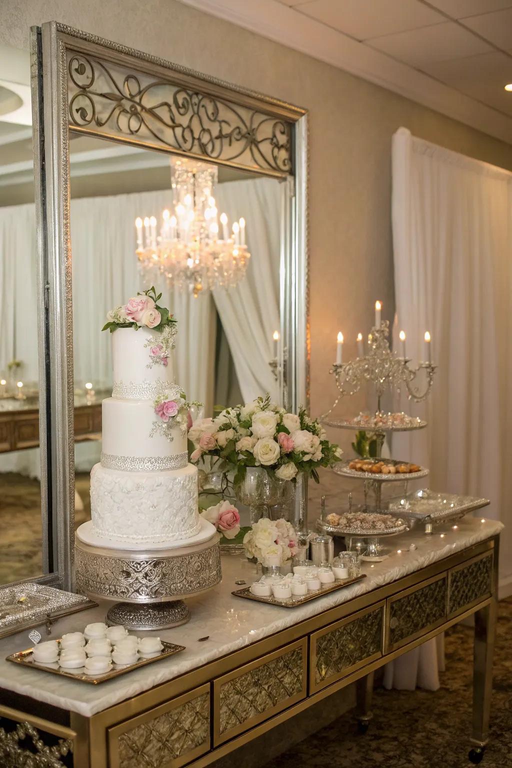 A wedding cake table enhanced with reflective mirror accents.