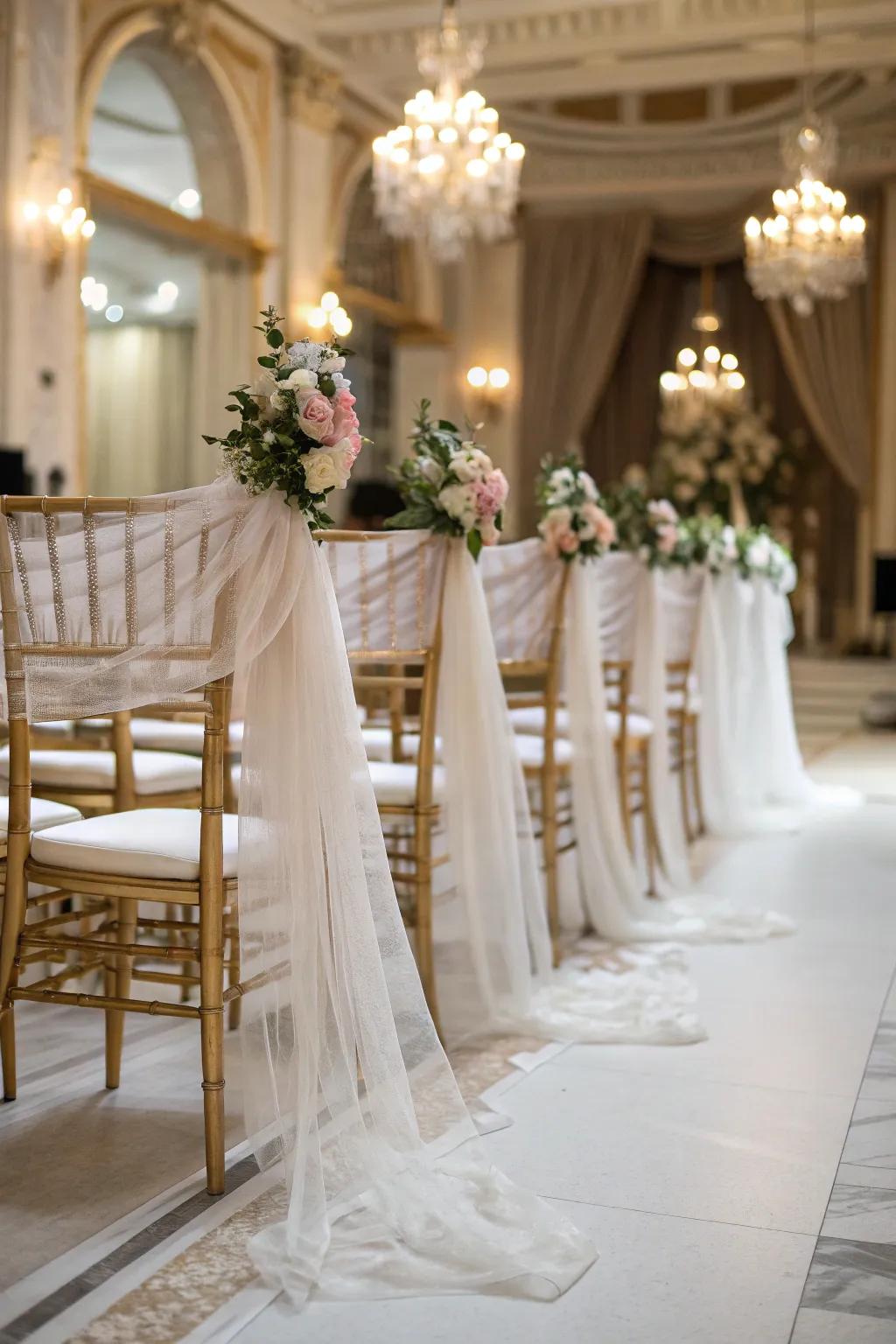 Sheer overlays furnish refined polish to nuptial ornamentation.