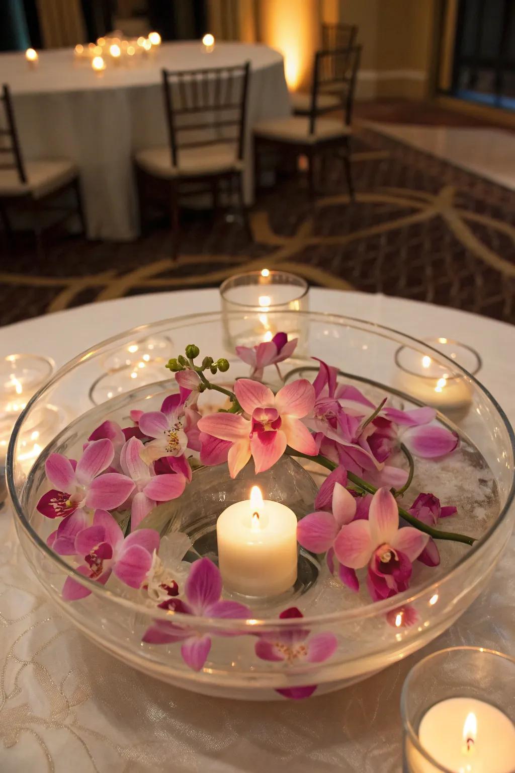 Drifting floral centerpiece featuring orchids and lights