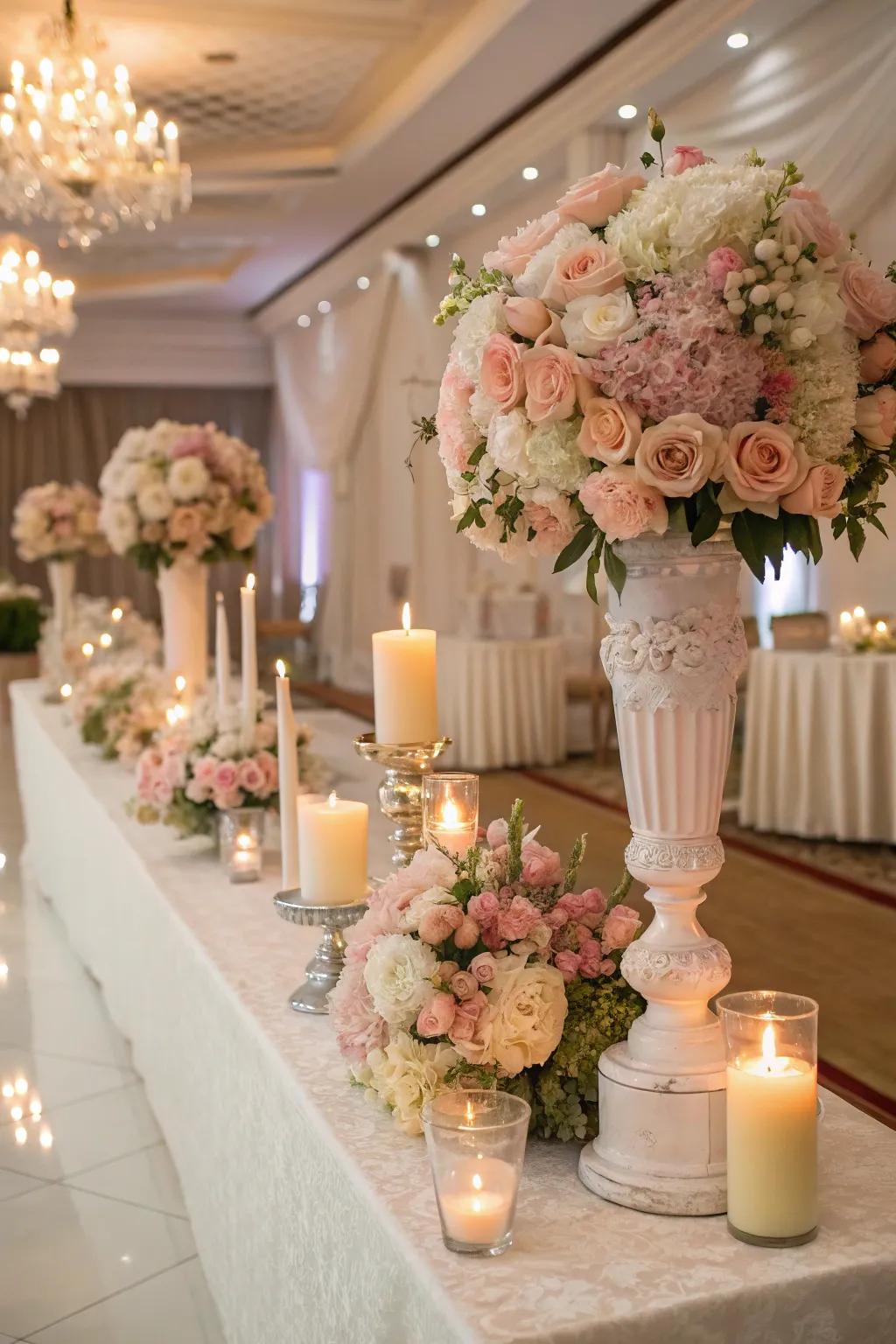 Floral arrangements paired with candlelight, establishing a romantic and captivating ambiance for the wedding.