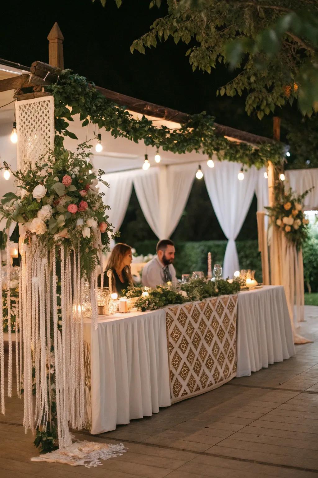 Macramé touches introducing a bohemian essence to the head table.