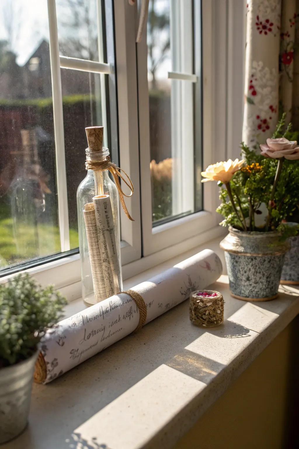 Whimsical vows encapsulated in a glass receptacle, capturing sunlight upon a windowsill.