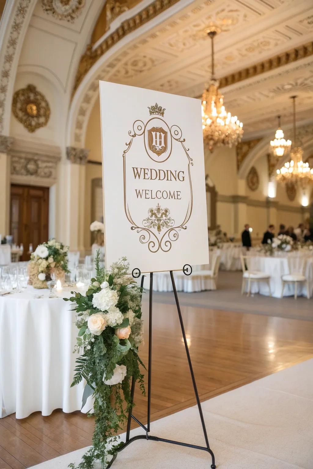 A personalized greeting plaque featuring a bespoke crest, adding a regal touch to an elegant wedding.