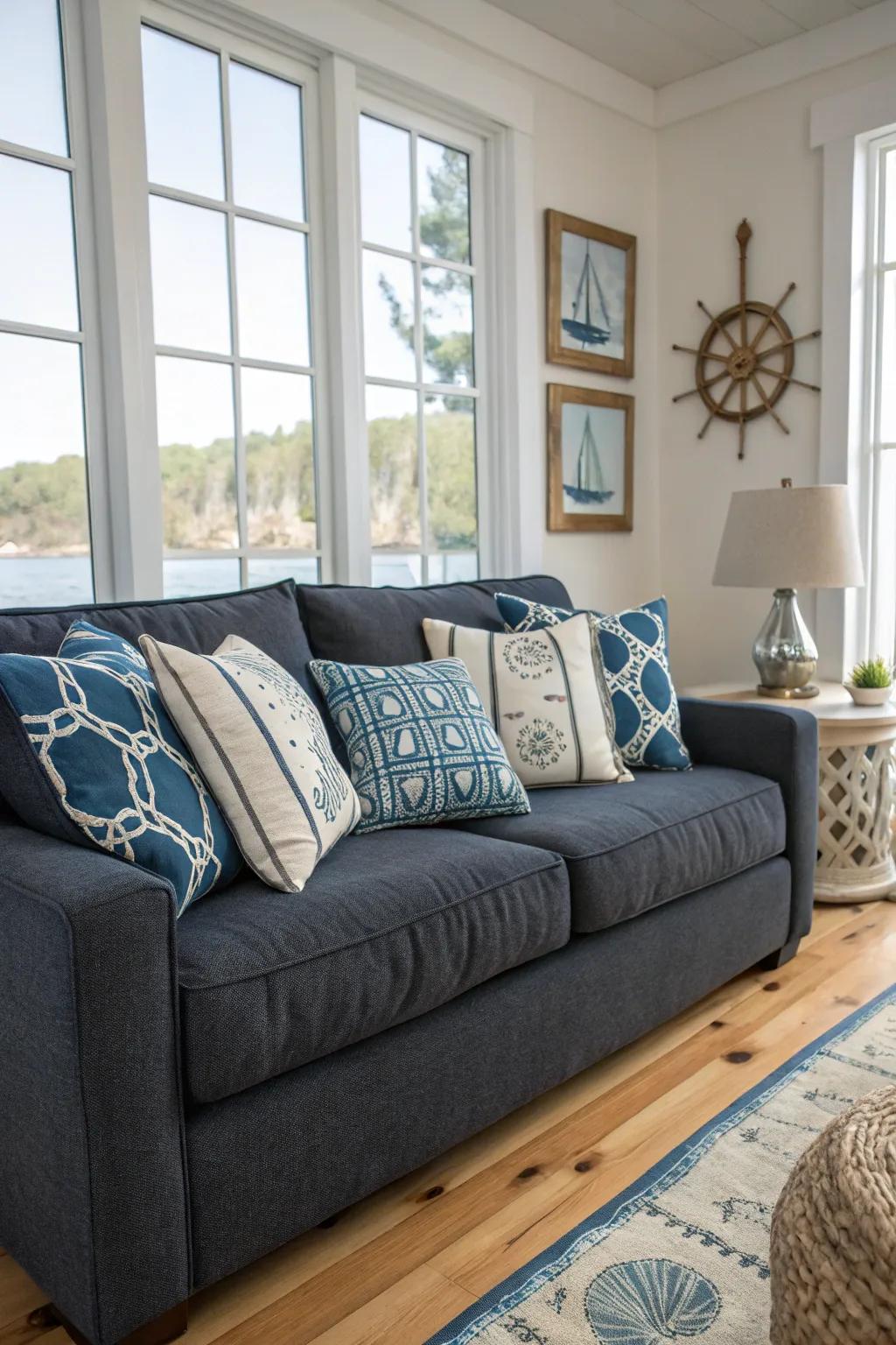 Azure and snow cushions evoke coastal serenity on a dark grey couch.