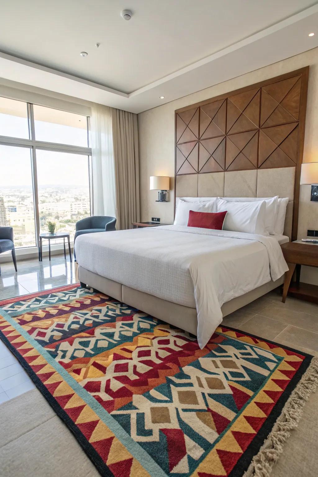 Precise floor coverings infuse contemporary flair and modernity into the sleeping chamber design.