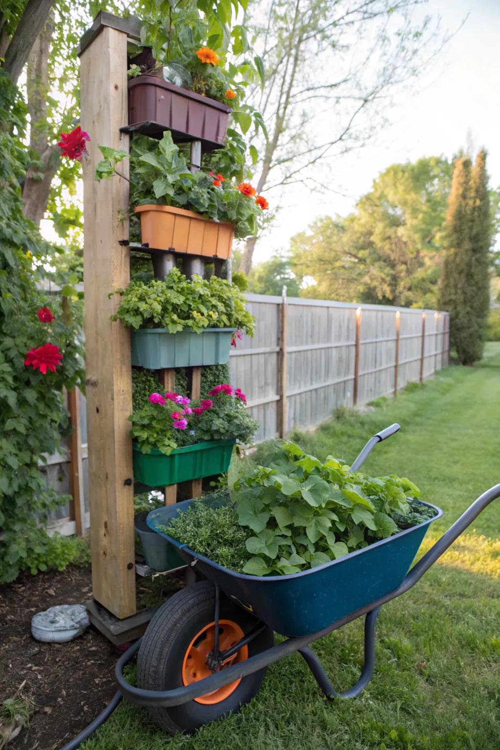 Conserve space with a tiered garden wheelbarrow.