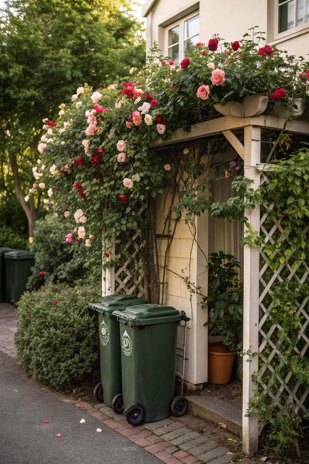 Disguise bins beautifully with a decorative trellis.