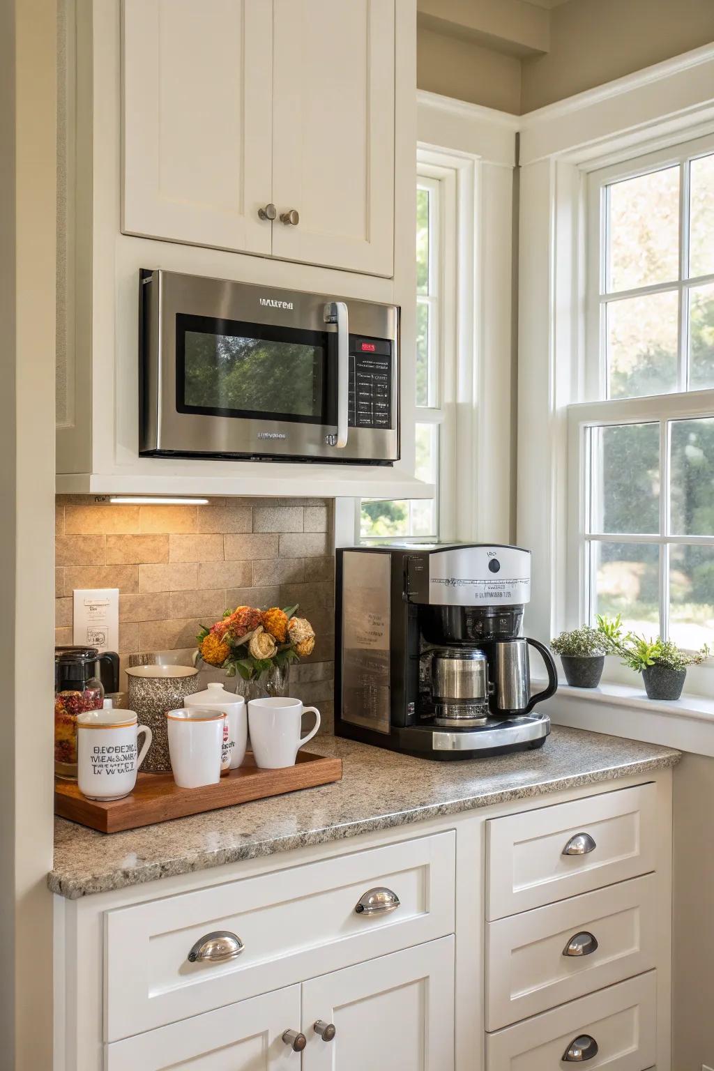 A microwave strategically situated above a dedicated coffee station.