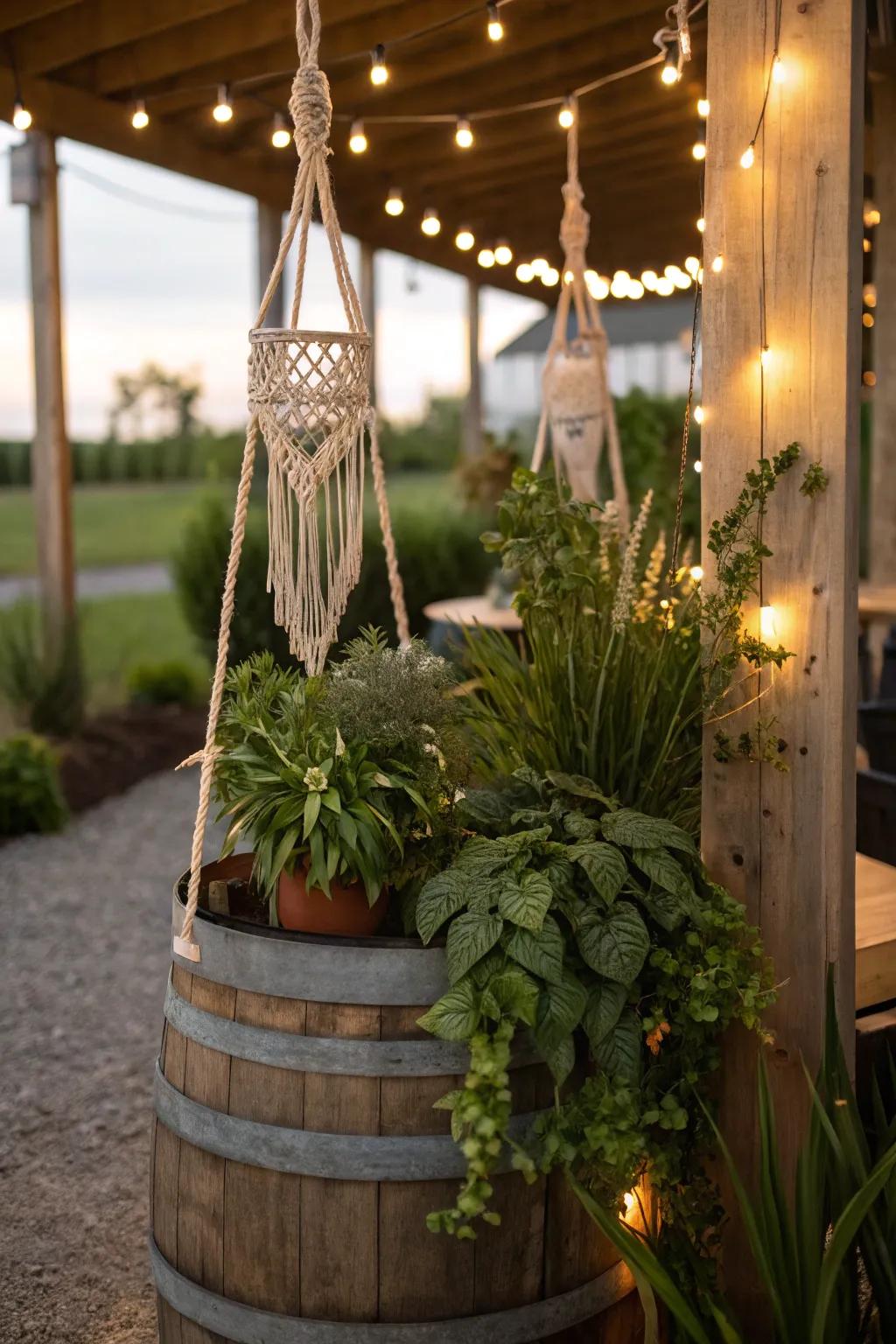 A bohemian salvaged liquor cask with macramé and lights for a whimsical accent.