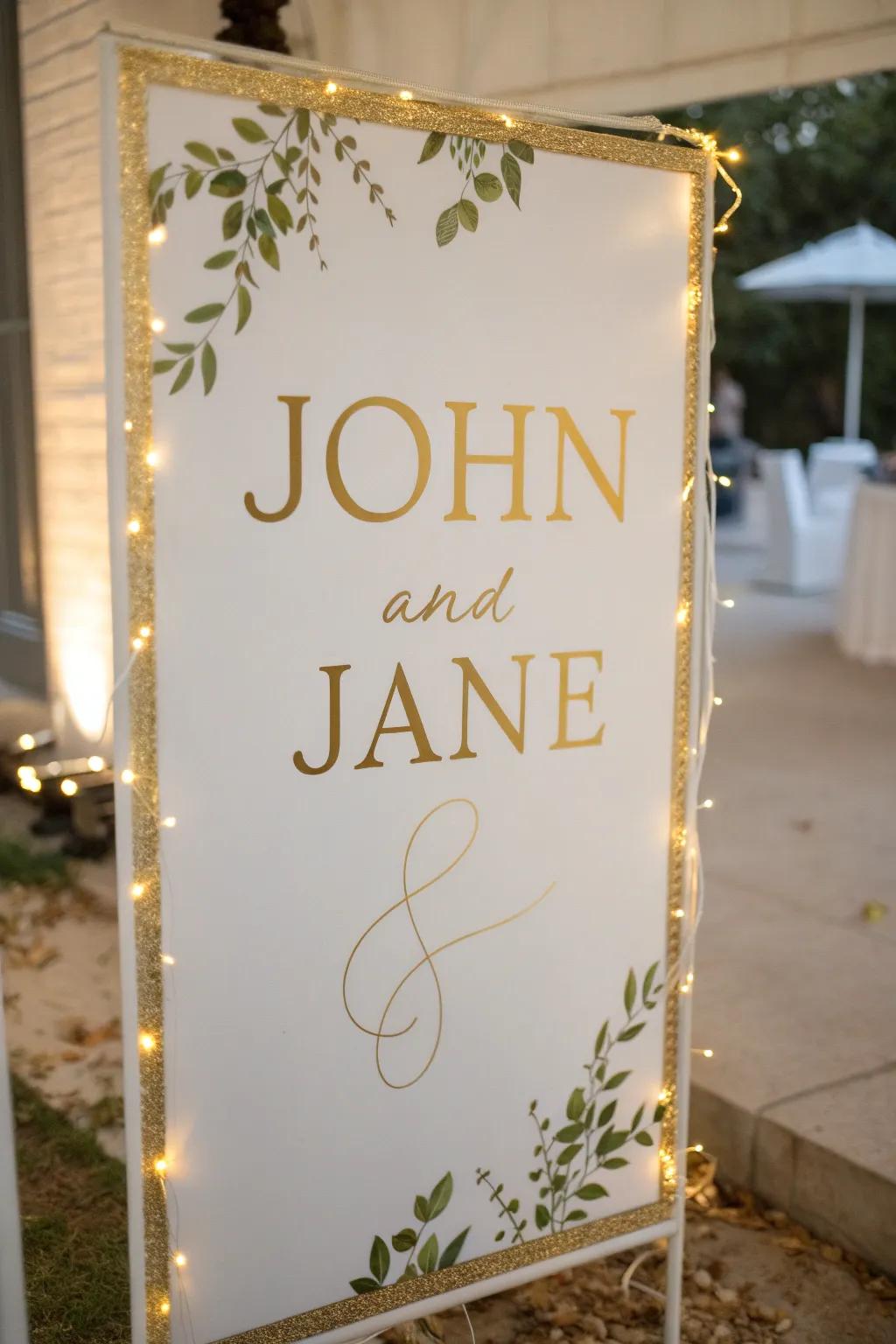 Unique marital signage featuring ivory and gold.