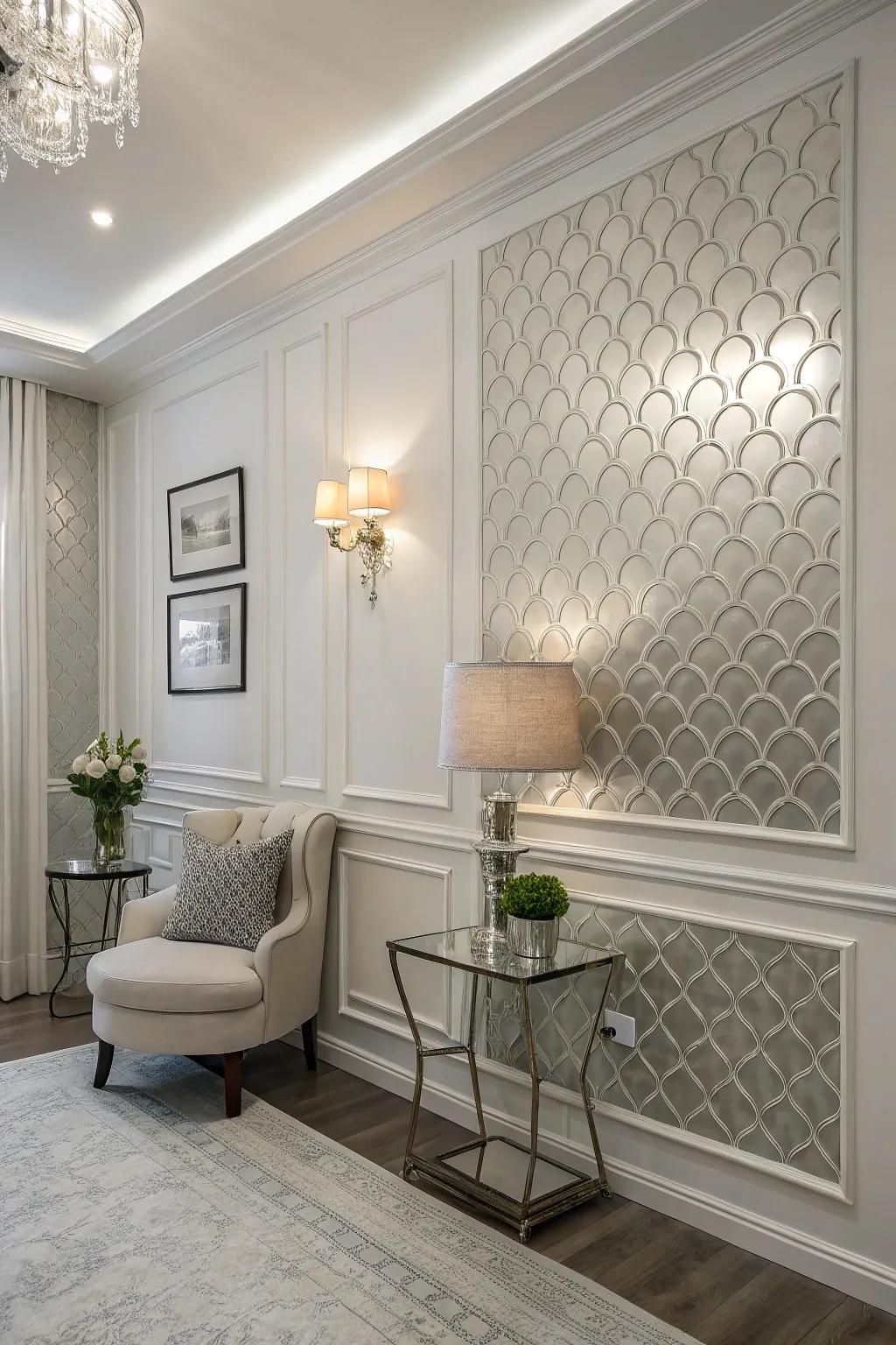 Convey a bold statement through the implementation of a striking ivory and silver accent wall.