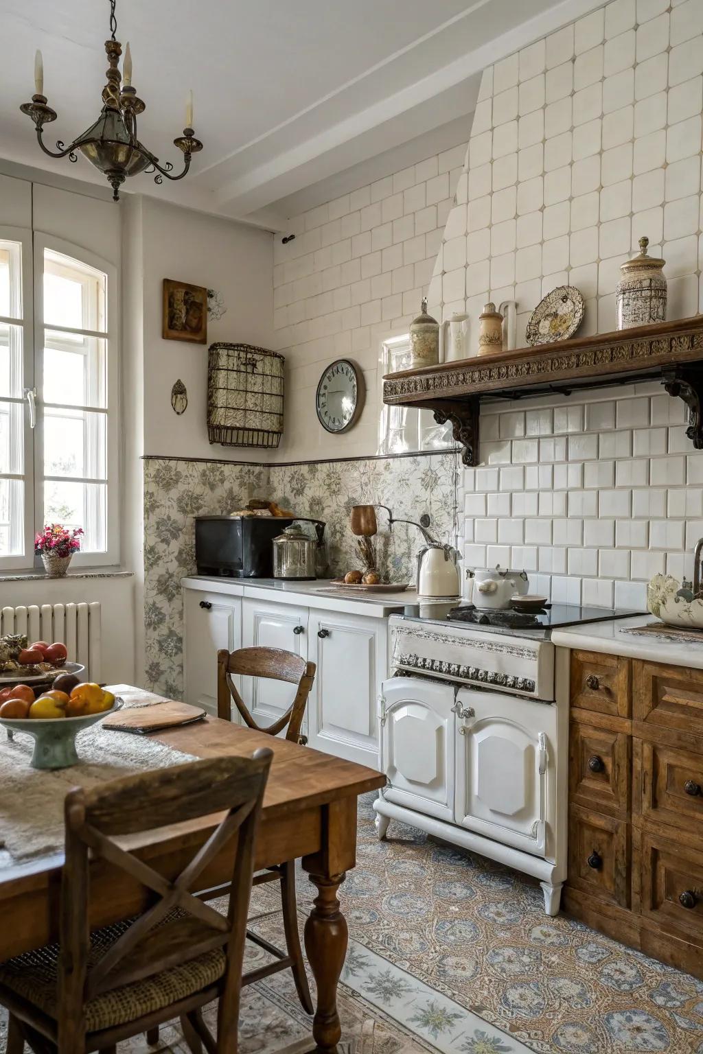 Chamfered-edge tiles appending vintage charisma.