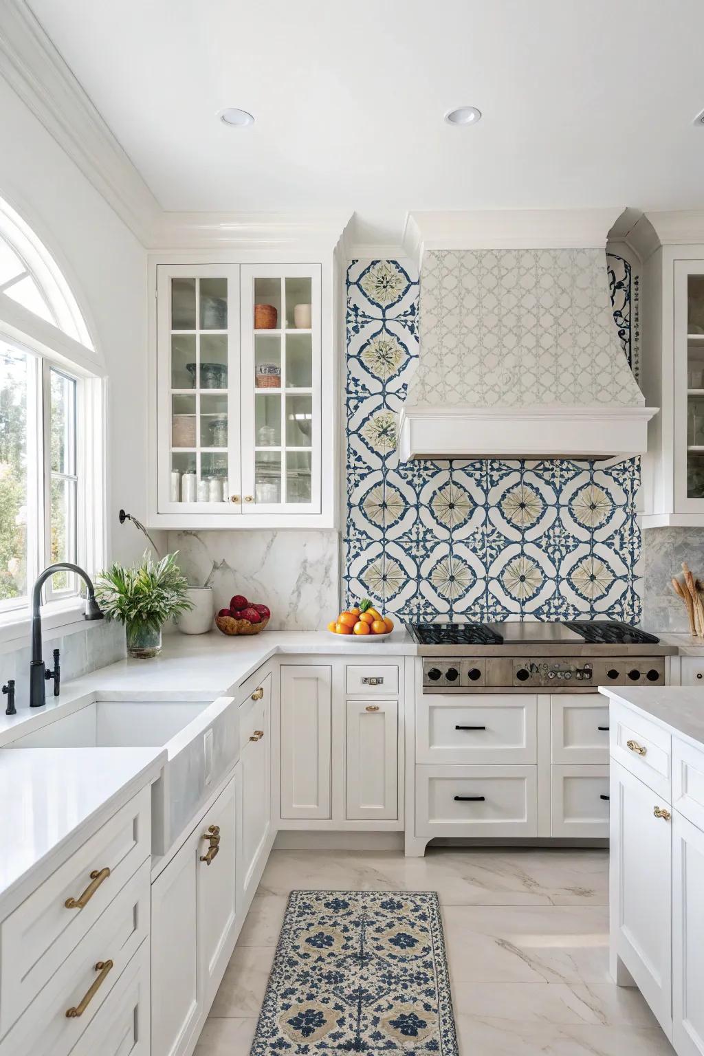 A bold tile backsplash becomes a striking main point in the white kitchen.