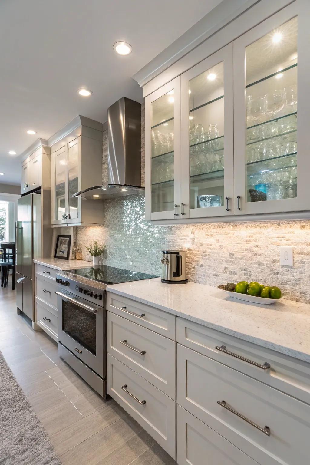 Elegant kitchen showcasing a quartz backsplash with crystal accents.