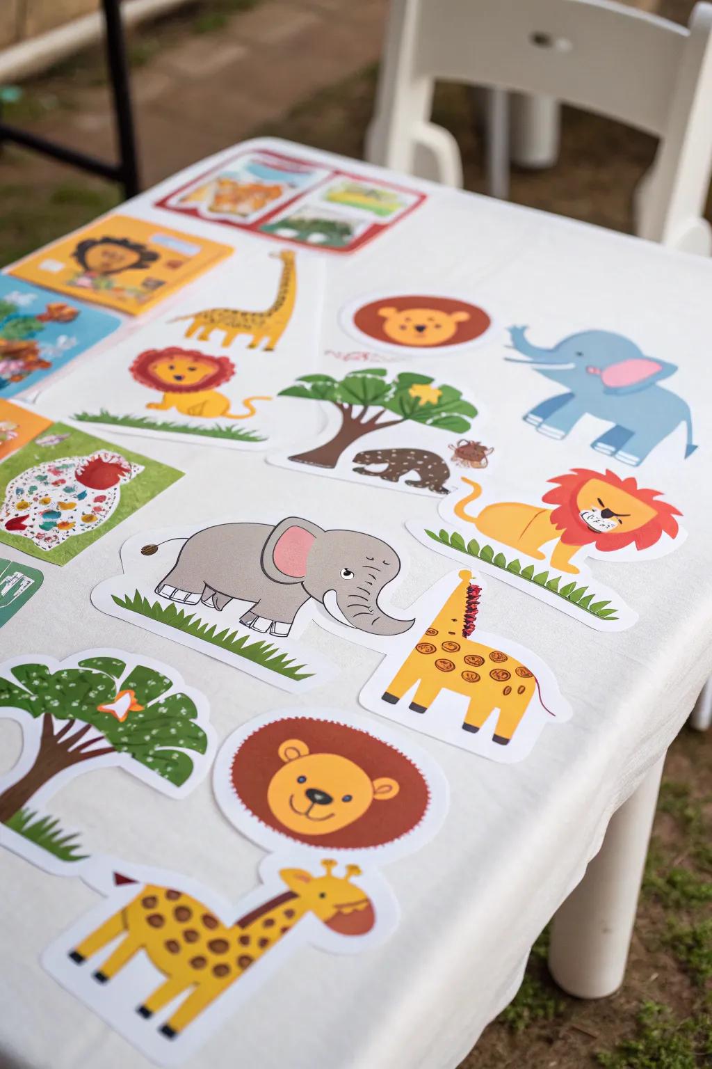 Safari-themed adhesives introduce a playful component to any celebration.