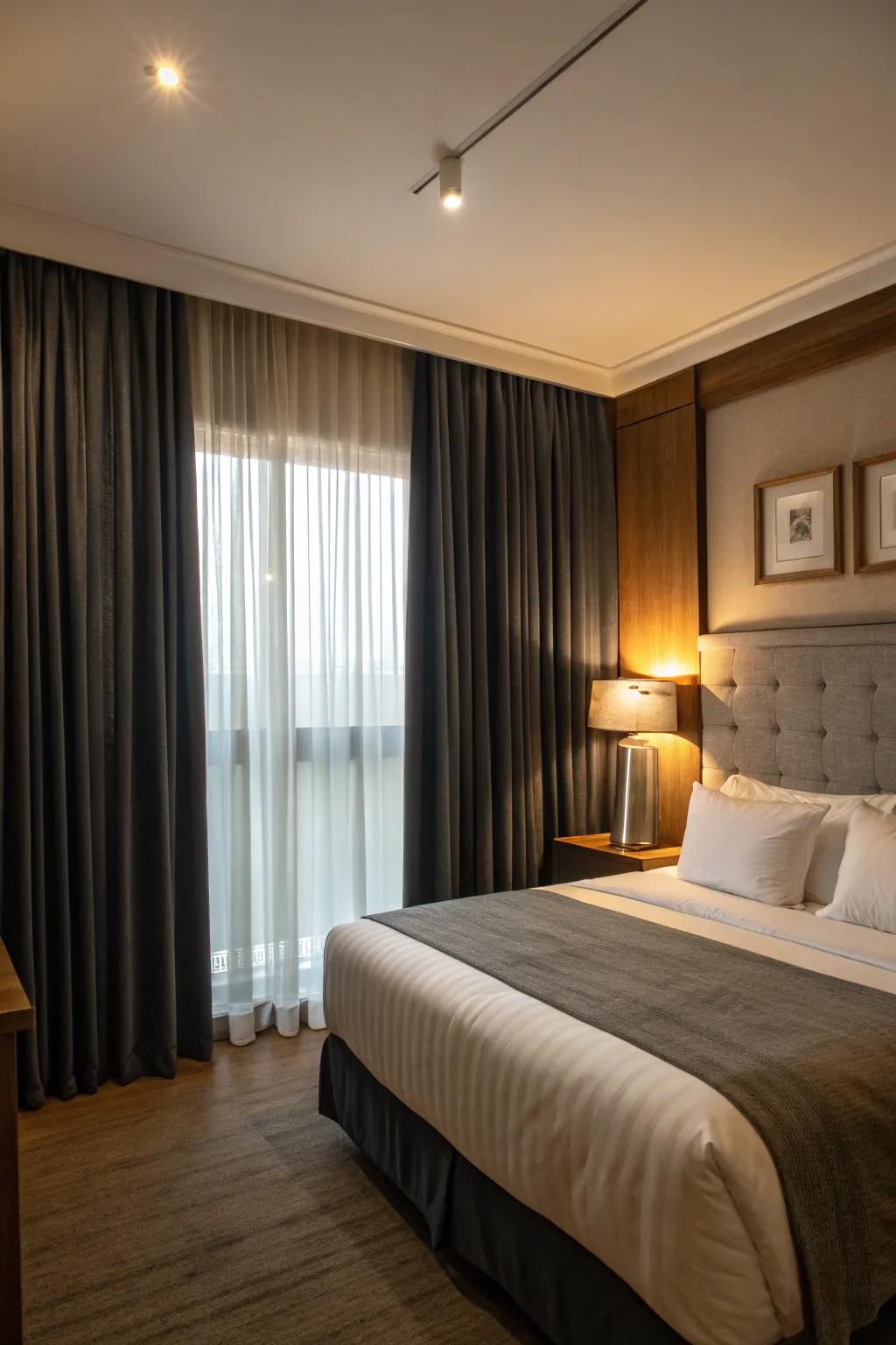Darkening window coverings guarantee a peaceful night by obstructing light.
