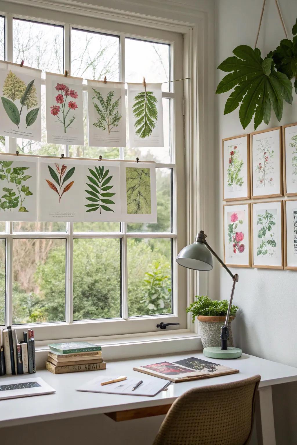 Botanical artwork positioned inside frames creates serenity.