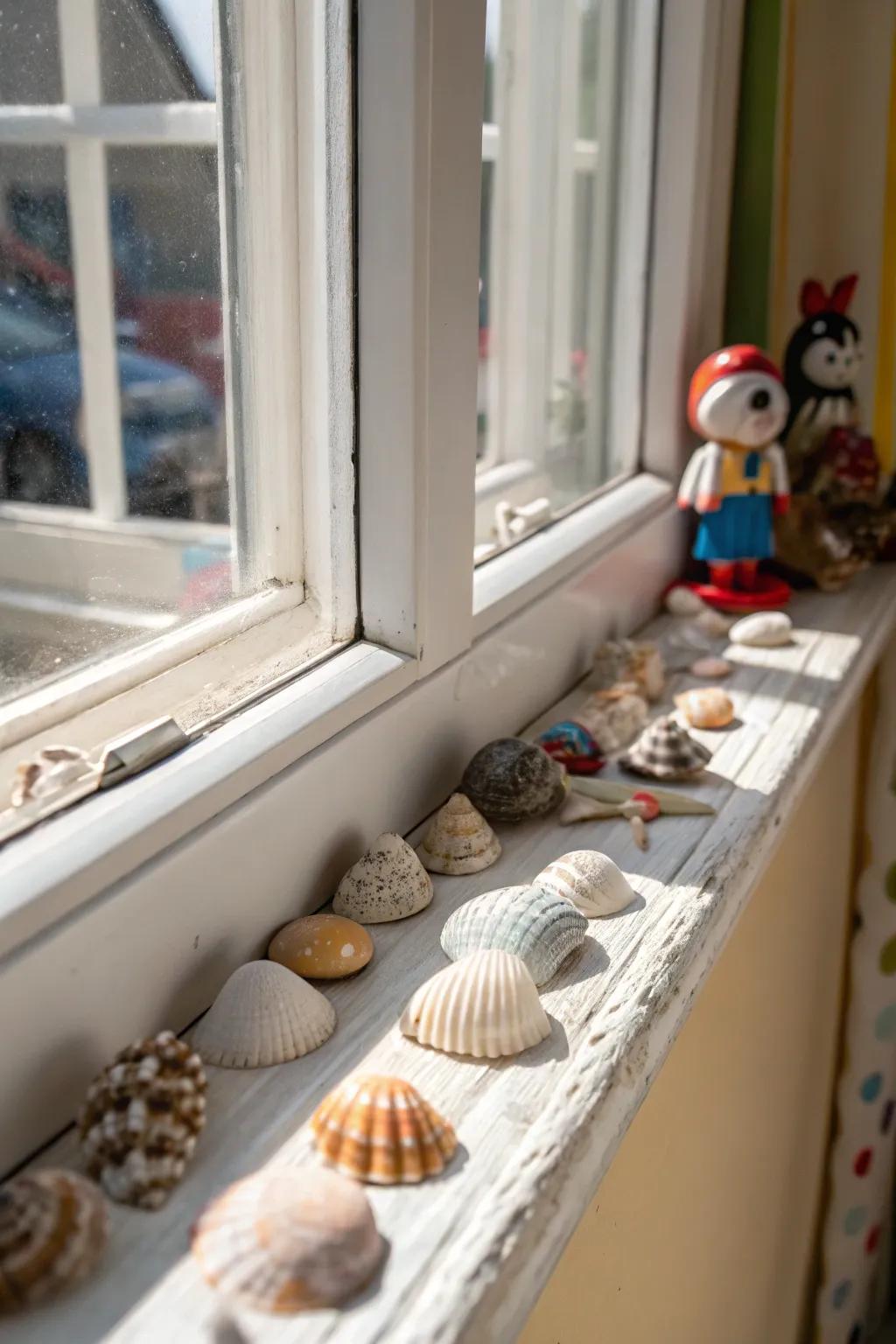 A personal array of seashells and figurines on a window sill.