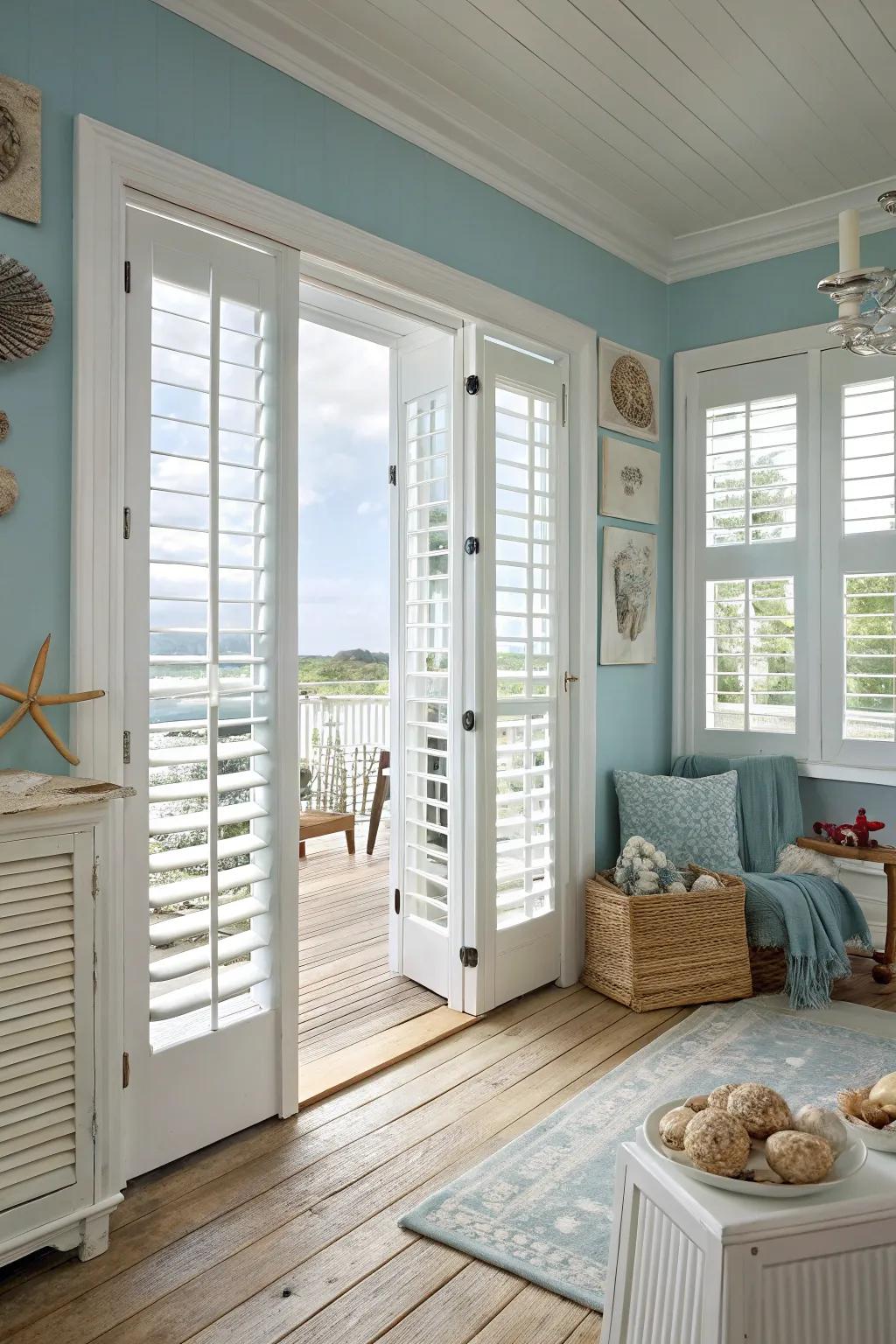 Paneling introduces a traditional or seaside essence to French doors.