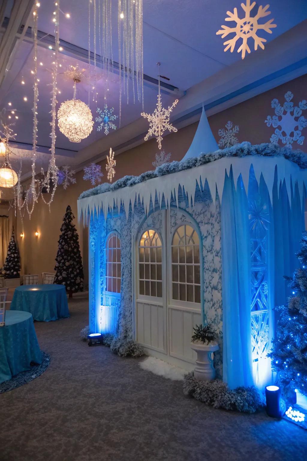 A whimsical Frozen Fantasy theme with icy blue decor and snow motifs.