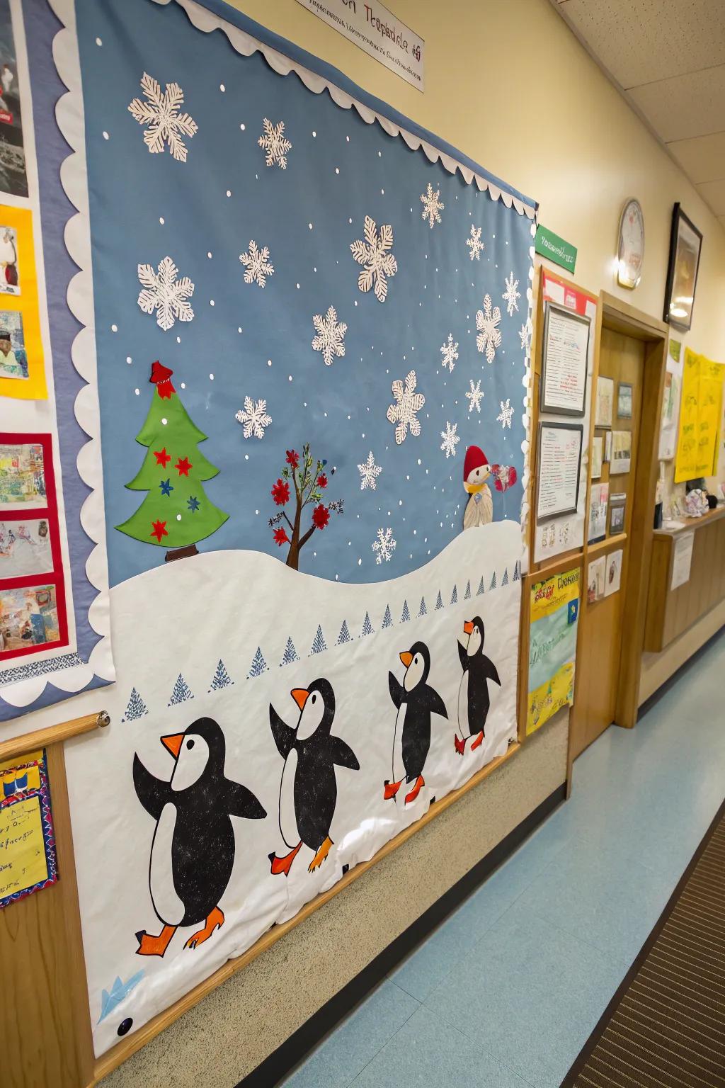 A penguin dance social infuses elation into the winter bulletin board.