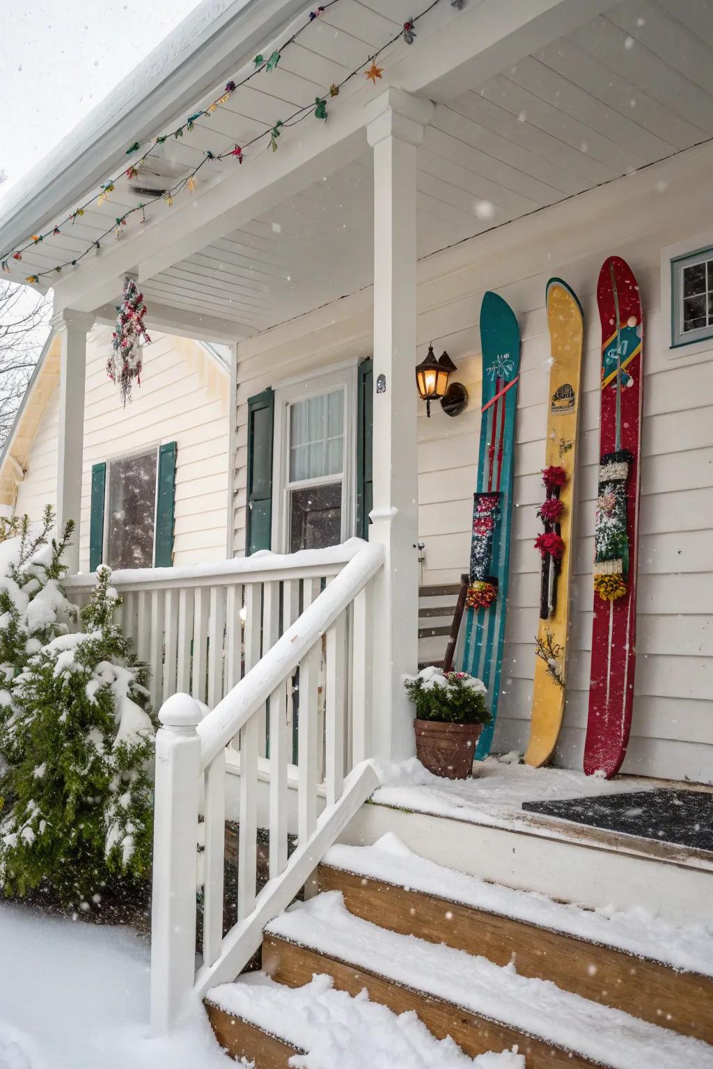 Upcycled skis append a playful touch to this winter porch.