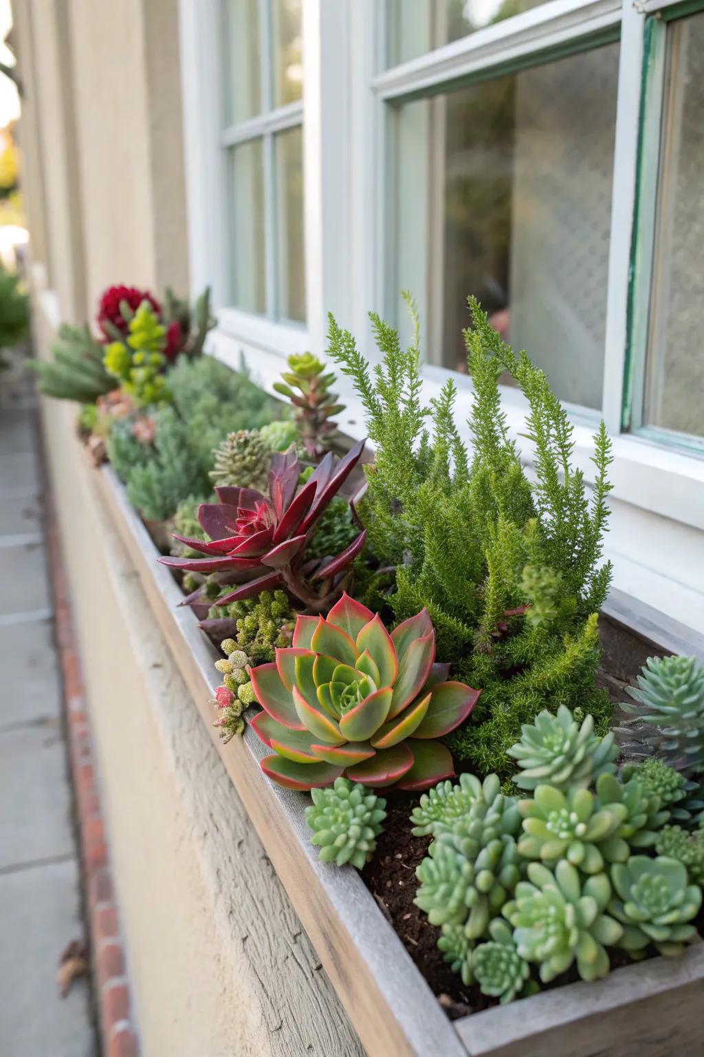 Resilient succulents introduce a sculptural twist to this winter window box.