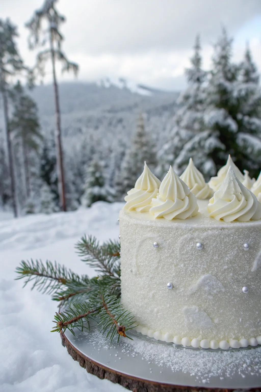 Majestic snowy summits shimmer atop this exquisite cake.