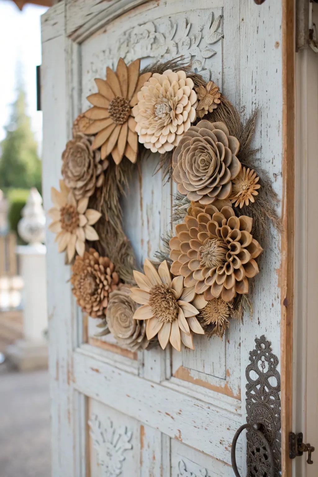 Wooden flowers present a sustainable and exquisite wreath choice.