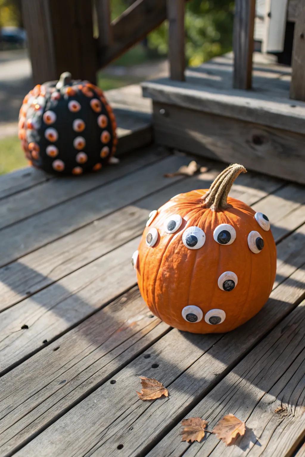 Gourd exhibiting unnerving ocular sphere ornamentation.