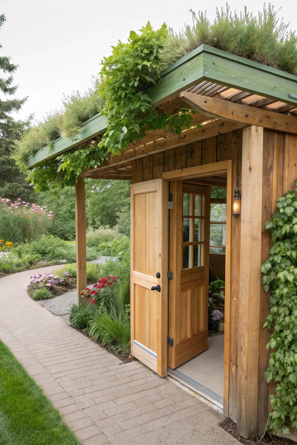 An eco-conscious shelter with a verdant rooftop.
