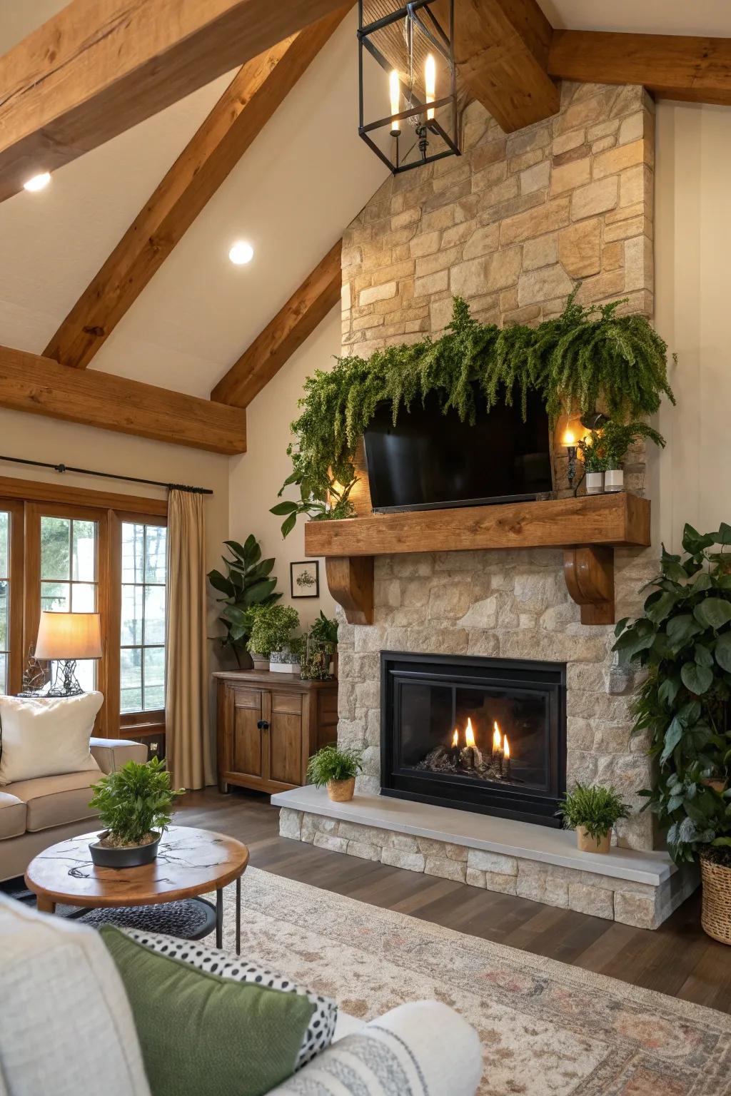 Introduce nature indoors with organic accents around your fireplace.