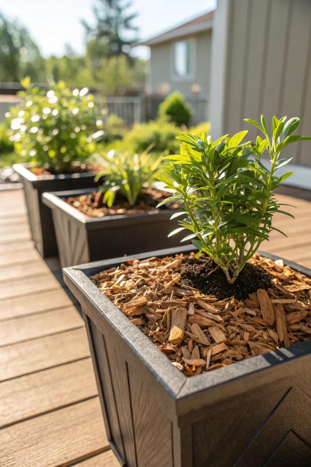 Timber shavings aid in sustaining dampness within container gardens.