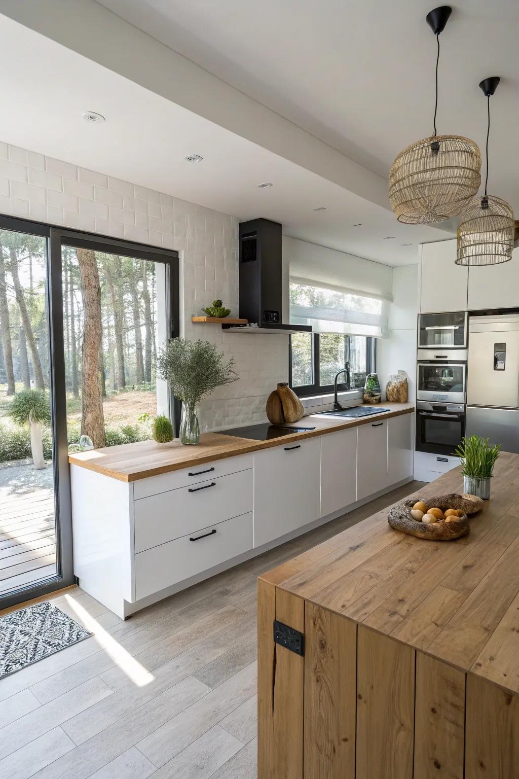 A suspended timber countertop for a contemporary and airy kitchen.