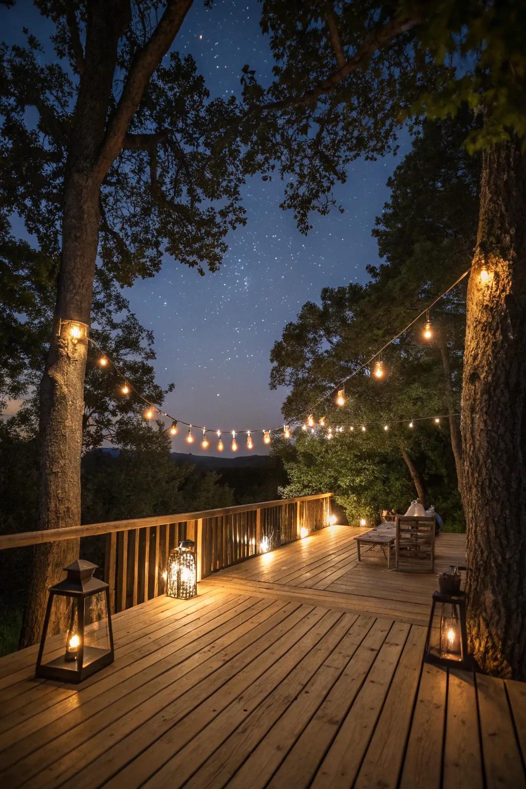 Ambient illumination imparts a magical nuance to evening deck gatherings.