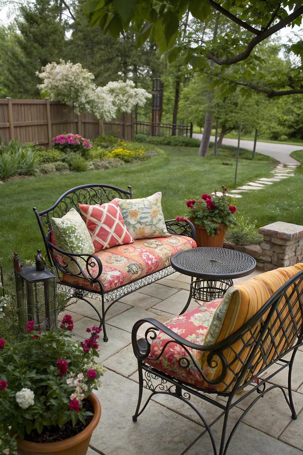 Eclectic pillow styles introduce a chic touch to wrought iron furniture.