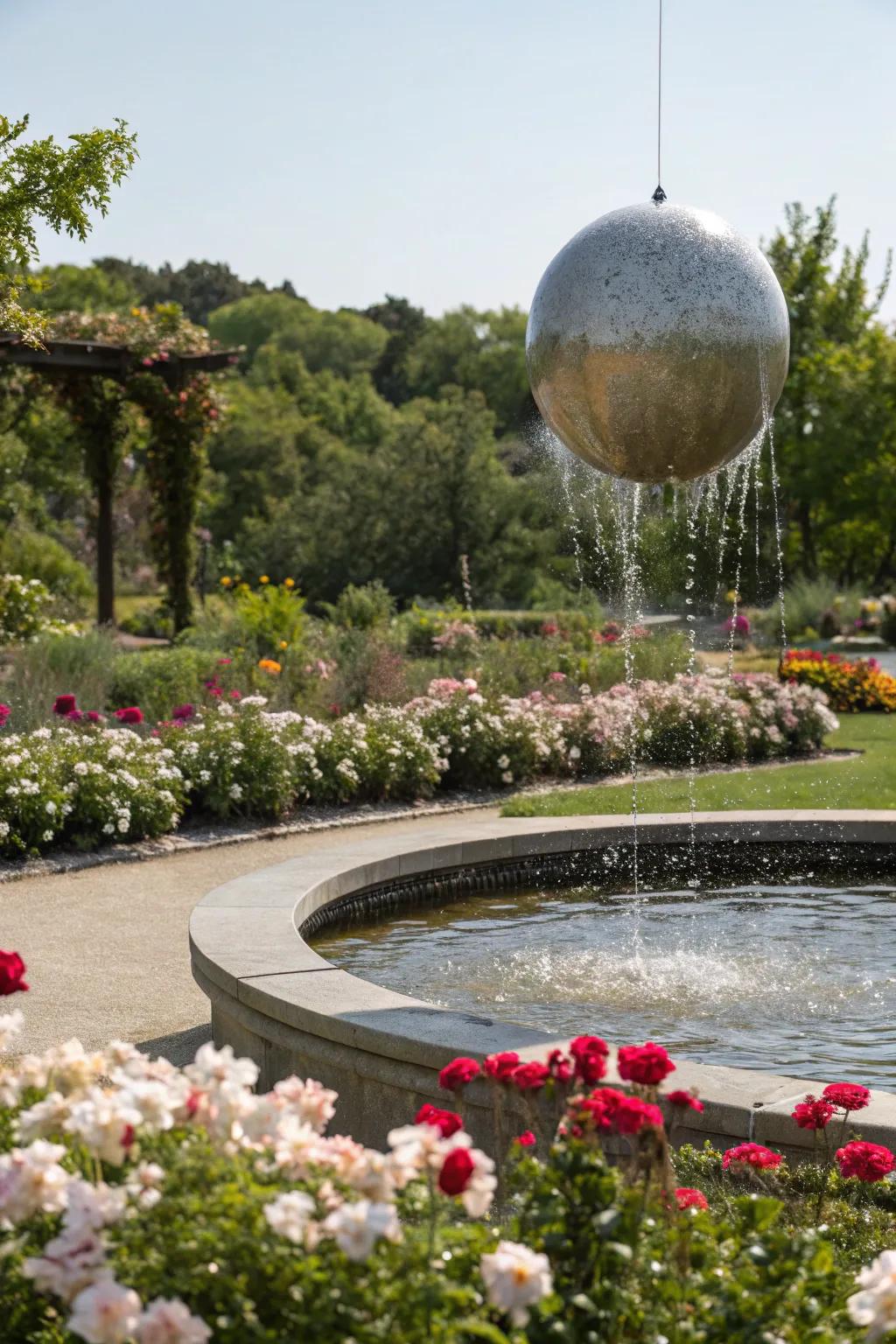 A floating orb cascade introducing a whimsical element into the garden.
