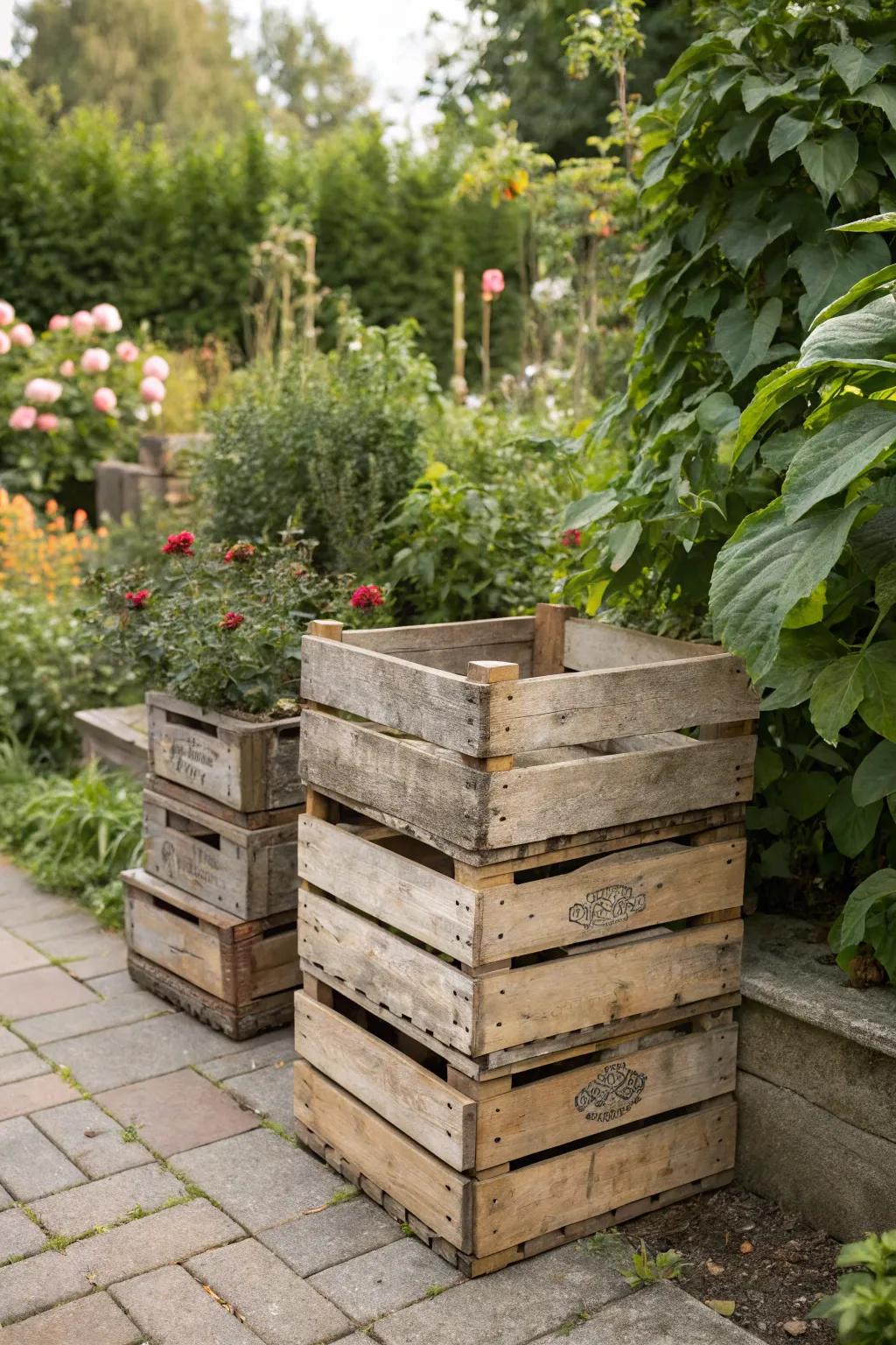 Vintage charm with stacked crate storage.