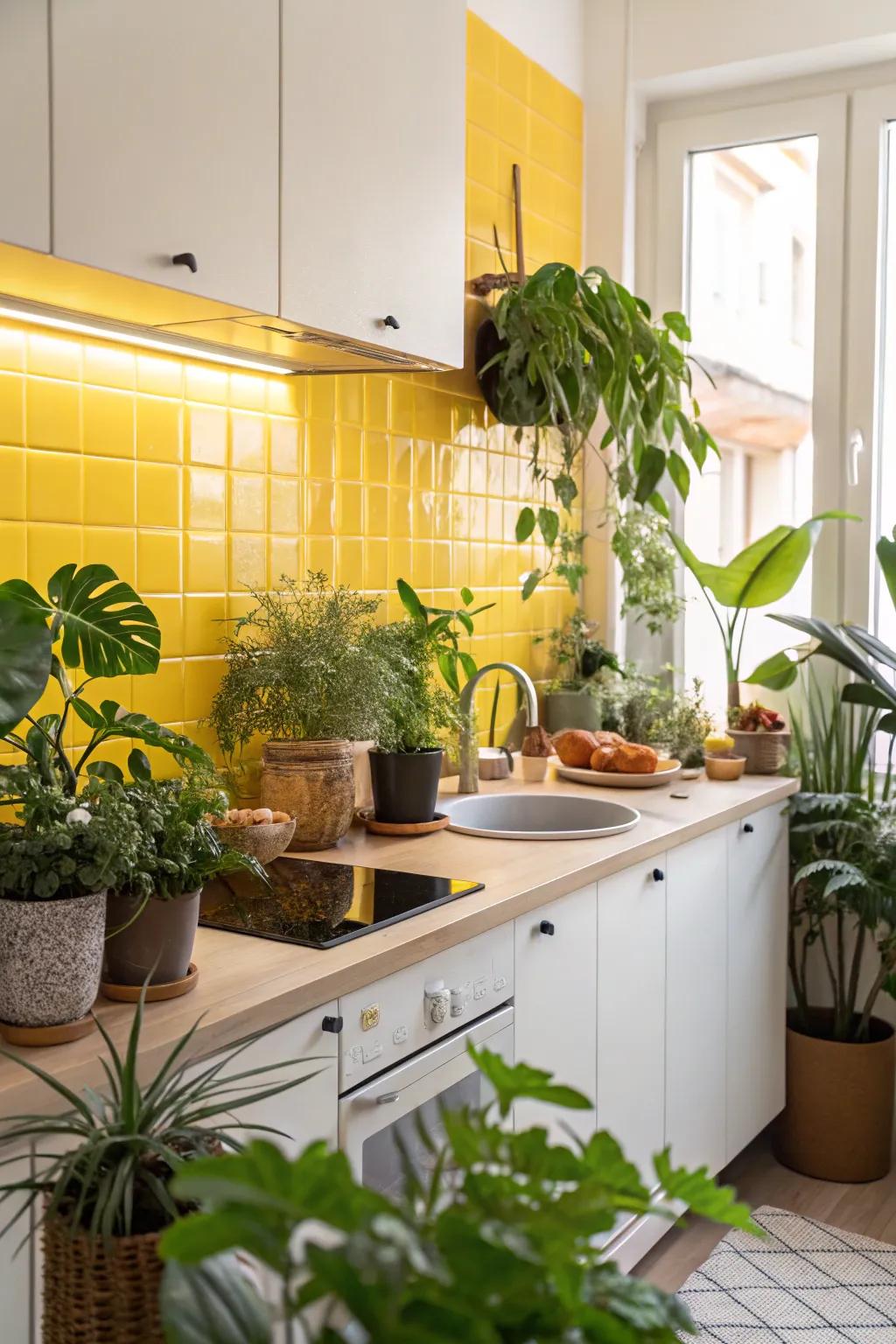 Indoor flora complement the goldish backsplash beautifully.